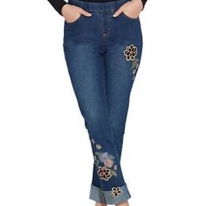 Denim & Co Pull-On Floral Embroidered Cuffed Jeans